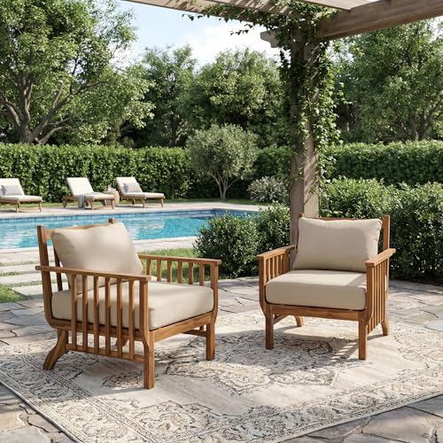 Merax 2 Piece 31.1" Mid-Century Modern Acacia Wood Outdoor Club Chair with Weather-Resistant Cushion, Patio Lounge Chair for Poolside, Deck, Backyard