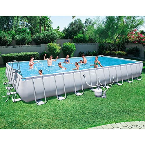 Bestway Power Steel Rectangular Above Ground Swimming Pool Set Gray