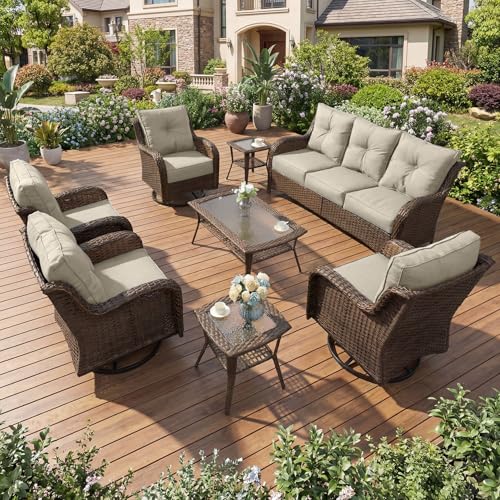 SAILARY Patio Furniture Set, 8PCS Outdoor Wicker Conversation Set with 6" Thick Cushions, High Back Rattan Sofa & Swivel Rocker Chairs, Weather Resistant Olefin Fabric for Garden, Poolside, Beige