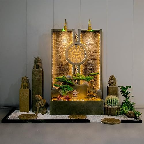 Indoor Outdoor Resin Zen Fountain Wall with LED Lights, Large Water Feature with Circular Design, Landscape Decor with Pump, for Garden, Entryway & Living Room,Spa (Buddha)(Buddha)(Buddha)