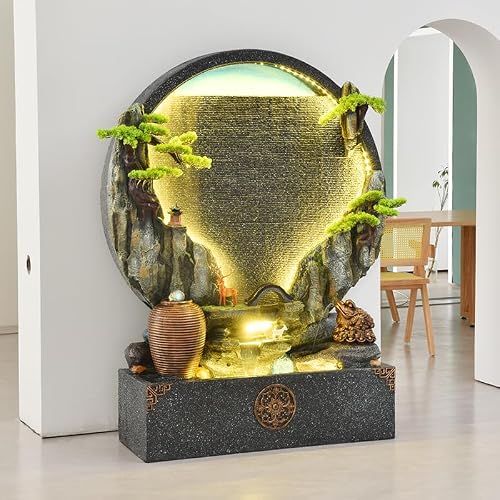Exquisite Stone Concrete Zen Indoor/Outdoor Waterfall Fountain with LED Lights,Housewarming Gift,Home Decoration,Living Room,Balcony,Yard (Hanging Pot)(Flowing Ball+Gold Toad(Jin Chan))