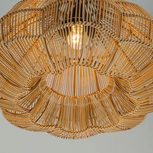 Modern 1-Light Matte Black Outdoor Coastal Boho 20 in. Scalloped Pendant Light for Patio with Beige Wicker Rattan Shade