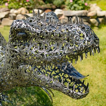 Zaer Ltd. 5.6 ft. Tall Crouching Tyrannosaurus Rex Outdoor Metal Statue "T-Bone" Metallic