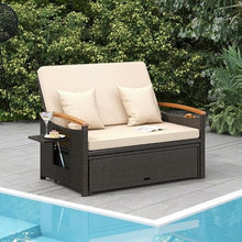 Caforkp Beige Contemporary 3-in-1 Outdoor Daybed Set Adjustable Backrest Storage Ottoman PE Rattan Metal Frame for Patio Garden