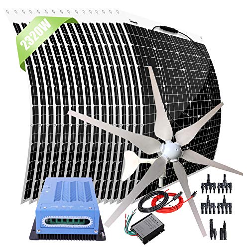 2320 Watt 24 Volt Wind Solar Powered Kit for House: 16x 120W Flexible Mono Solar Panels & 400W 24V Wind Turbine Generator & 60A MPPT Charge Controller & Cable Connector