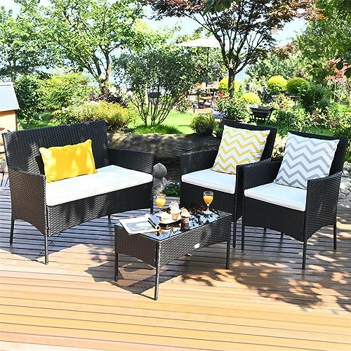DUYHBAWRS 4PCS Patio Rattan Furniture Set Cushioned Sofa Coffee Table Backyard Porch