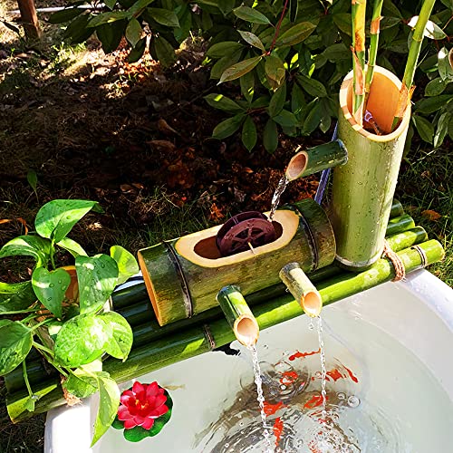 GenSDH Bamboo Water Fountain, Fountain with Rotating Windmill Garden Decor, Multiple Water Flow Direction Water Circulation System, for Pond Rockery Stone Trough, 90Cm,70cm