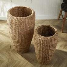 MY SWANKY HOME Elegant Tall Tapered Round Planters Set of 2 Woven Seagrass Baskets Minimalist