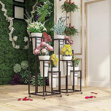 RWGOVLU Potted Plant Stand Holder Flower Cart Display Stand With Wheels Planter Display Shelf With 4 Pcs Round Flower Bucket