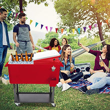80 Quart Rolling Cooler Cart on Wheels Portable Ice Chest Bar Drink Cooler Outdoor Cold Drink Beverage Cart with Shelf, Bottle Opener, Water Pipe and Cover, for Backyard Patio Deck Party (Red)