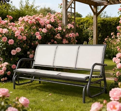 Seeheool Porch Glider Swing with 3 Seats,3-Person Outdoor Patio Glider Bench,Breathable Mesh Fabric, Metal Frame