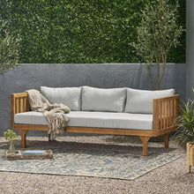 Neojoyoenix Coffee Table Acacia Wood Patio Furniture Set,Outdoor 3 Seater Daybed(with Water Resistant Thick Cushions) and Round, Light Gray Cushion with Storage Lift top with Storage Lift