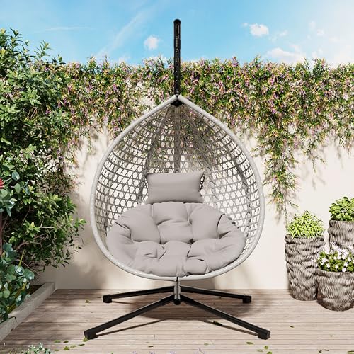 Merax Egg Hanging Chair with Stand, Indoor/Outdoor Swinging Wicker Hammock Chair for Patio, Garden, or Living Room