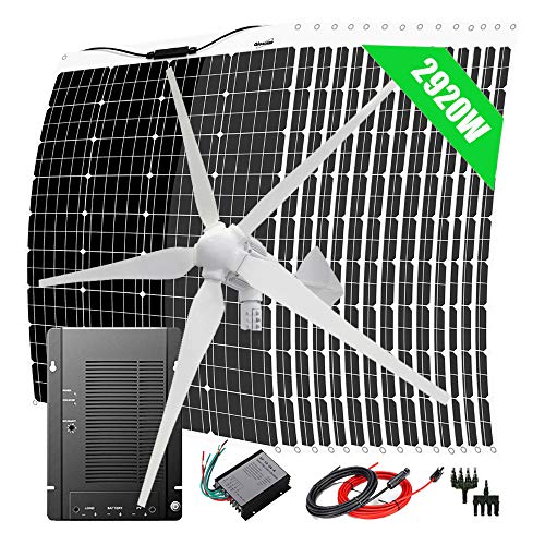 2920W Solar Panel Wind Turbine Generator Kit : 1000 Watts 48V Windmill + 16x 120W Flexible Monocrystalline Solar Panel + 40A MPPT Charge Controller + Cables