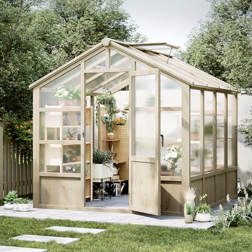Garvee 8x8 ft Wooden Greenhouse, Greenhouses for Outdoors with Lockable Door, Wood Frame & Adjustable Vent, Heavy Duty Greenhouse with Polycarbonate Panel for Outside, Garden, Yard, Light Brown
