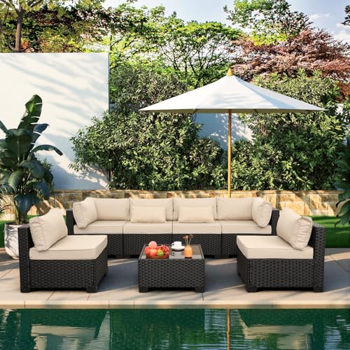 Valita 7 Pieces Outdoor Wicker Furniture Conversation Set Patio Sectional Sofa Set Glass Table with Non-Slip Cushions Furniture Cover, Khaki