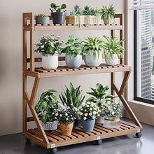 ARTUNV 3 Tier Ladder Plant Stand With Wheels, Wooden Slatted Flower Display Rack, Portable Rolling Storage Shelving For Terrace, Lawn & Home Decor(Size:80cm/31in,Color:Brown)