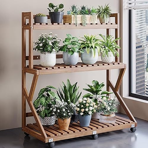 ARTUNV 3 Tier Ladder Plant Stand With Wheels, Wooden Slatted Flower Display Rack, Portable Rolling Storage Shelving For Terrace, Lawn & Home Decor(Size:70cm/27in,Color:Brown)