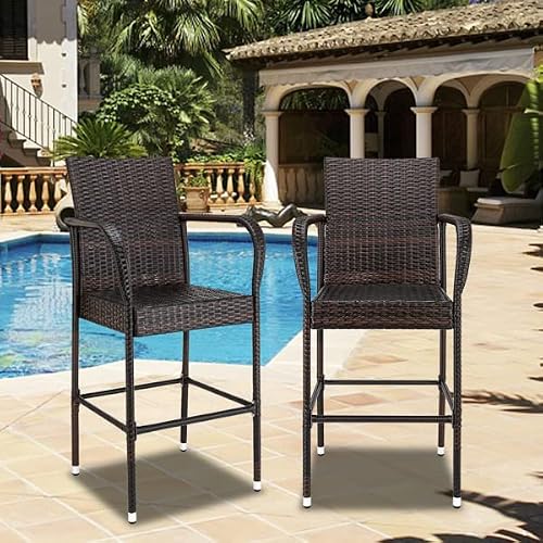 59 x 59 x 117.5 cm(L x W x H Bar Stools Set of 2, 2 Piece Rattan Bar Stool Wicker Chairs, Patio Bar Height Chair with Arms