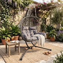 GDFStudio Double Hanging Egg Chair with Stand, Patio Hammock Swing Loveseat for Two, Oversized Wicker Chair with Cushion, Indoor Outdoor, Grey