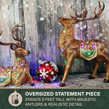 Fraser Hill Farm 5-Ft. Tall Standing Reindeer Holiday Figurine with Metallic Finish, Oversized Indoor or Outdoor Christmas Decoration with Long Lasting Multi-Color LED Lights