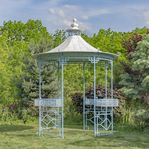11.6ft. Tall Opulent Round Metal Gazebo with Side Walls & Planters in Light Blue Tsugo