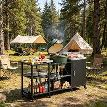 Amgalers 67.7" Outdoor Grill Table Cart, Multi-Functional Prep Station with Cabinet & Open Shelves, Lockable Wheels for Outdoor Cooking