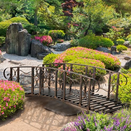 ZenithX 6' Metal Garden Arch Bridge - 660 lbs. Weight Capacity with Safety Siderails & Vine Motifs, Easy Assembly for Backyard Creek/Stream/Pond, Brown