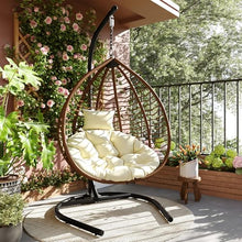GDFStudio Hammock Chair with Stand, Rattan Wicker Hanging Egg Chair with Cushion and Headrest, Iron Frame Hammock Swing Chair for Indoor Outdoor Patio Balcony Porch Garden, 330lbs, Brown+Beige