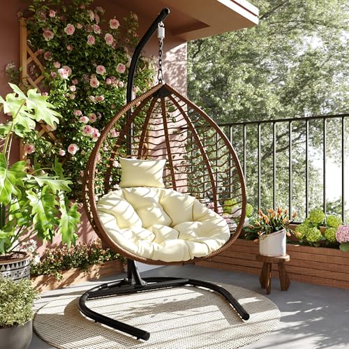 Merax Indoor Outdoor Hanging Hammock Chair with Stand, Foldable Rattan Egg Swing Chair with Iron Frame and Plush Cushion & Removable Headrest,Suitable for Porch Garden,Balcony,Indoor, Brown+Beige