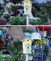 Feiyx Nest Bird Toy with Bells,Double-Layer Villa Bird's Nest House Feeder,Gardening Landscaping Cabin Birdhouse Outdoor Decoration,Steel Multi-Feeder Kit Stand for Attracting Wild Birds (Color : A)