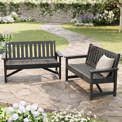 Takywep 52" Outdoor Bench Set of 2 for Patio, HDPE Weatherproof 2-Person Park Bench for Outside, Heavy Duty 600 Lbs Capacity, Poly Seating for Backyard, Porch, Garden, Dary Gray