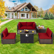6PCS Patio Rattan Furniture Set 42" Fire Pit Table Cover Sofa Cushion Red