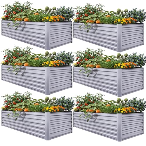 YITAHOME 6pcs 8x4x2 ft Galvanized Raised Garden Bed Kit, Large Metal Planter Box with Gloves, Safety Rubber & Support Rod, Outdoor Flower Bed for Plants Vegetables, Silver