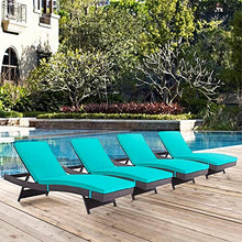 Pemberly Row Modern Rattan Patio Chaise Lounge Set of 4, 17-37.5 in H x 27.5 in W x 78.5 in D, Powder-Coated Aluminum Frame, Espresso and Turquoise Finish, UV and Water-Resistant Outdoor Reclining