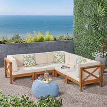 Christopher Knight Home Outdoor Acacia Wood 5 Seater Sectional Sofa Set with Water-Resistant Cushions, Teak and Beige