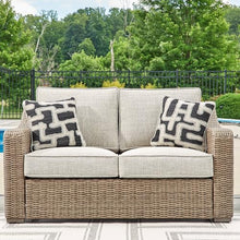Signature Design by Ashley Beachcroft Outdoor Loveseat with High-Performance Nuvella Cushions, Resin Wicker on Rust-Resistant Aluminum Frame for Patio Seating, Beige