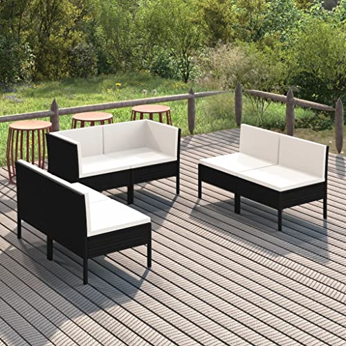 HEFZGDB 6 Piece Patio Lounge Set with Cushions Poly Rattan Black Porch Furniture Patio Table and Chairs Set Outdoor Patio Set Suitable for Lawn, Garden, Poolside.