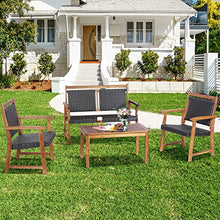 4 PCS Patio Rattan Furniture Set Acacia Wood Frame Sofa Loveseat Garden Single Sofa, Onesize