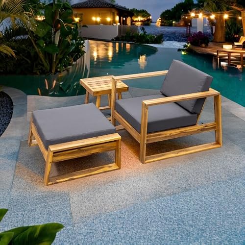 Finca ancha Patio Furniture Set with Small Outdoor Table, Versatile Patio Bar Set w/Sillas para Balcon, Durable Acacia Wood Frame, Sillas para Patio Exterior for Garden or Poolside (Natural+Grey)
