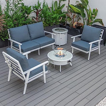 LeisureMod Walbrooke Modern Aluminum 5-Piece Patio Conversation Set with Fire Pit Navy Blue