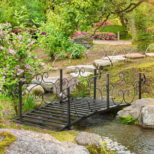 Hassyee Metal Arch Garden Bridge with Safety Siderails for Backyard, Poolside, Arc Footbridge with Sturdy Construction for Lawn, Stream, Pond, Creek