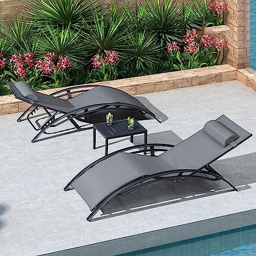 EESHHA Outdoor Deck Chairs,Patio Chaise Lounge Chair Set with Side Table Outdoor Pool Adjustable Recliner Chairs for Outside Beach Poolside Sunbathing Tanning Lounge Dark Grey