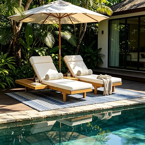 Christopher Knight Home Acacia Wood Chaise Lounge Chair Set of 2, Double/Single Outdoor Sunbathing Pool Lounger with 4'' Four-Folds Cushion, Patio Wooden Adjustable Backrest Lounge Sofa, Teak+Beige