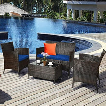 DUYHBAWRS 4PCS Patio Rattan Furniture Set Solid Wood Leg Cushioned Sofa Garden Lawn