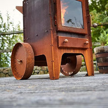 RB73 Bijuga Wood Burning Outdoor Fireplace, Portable with Wheels, 35"x27"x82", 3mm CorTen Steel, Heat-Resistant Glass, Industrial Design