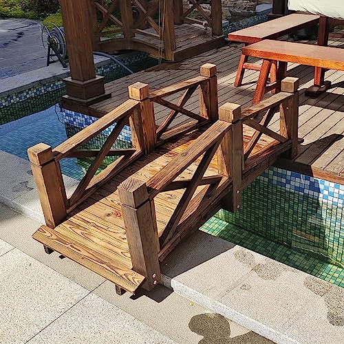 Katzowen Wooden Garden Bridge Carbonized Garden Bridge with Safety Rails, Wooden Arch Pond Bridges Home Yard Decor, Outdoor Small Footbridge for Patio Farm, 140cm Long