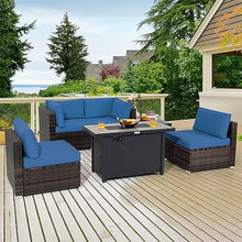 6PCS Patio Furniture Set Rattan Cushioned Sofa Gas Fire Pit Table Navy