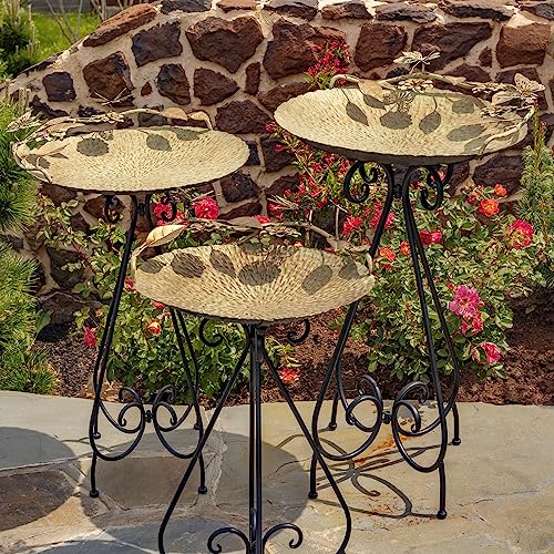 Zaer Ltd. Set of 3 Aged Copper Finish Parisian Birdbaths with Leaves and Butterflies or Birds on Edge (Set/3 with Butterflies)