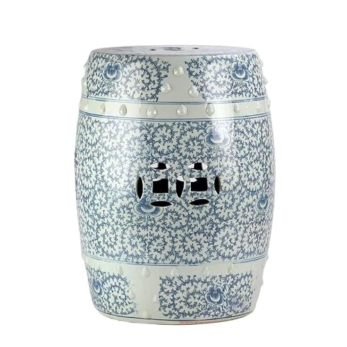 LINKIO Garden Stool Ceramic Blue and White Decorative Garden Stool - Happy Yuan Hexagonal Lotus Design for Home and Outdoor Use Ottomans(A)